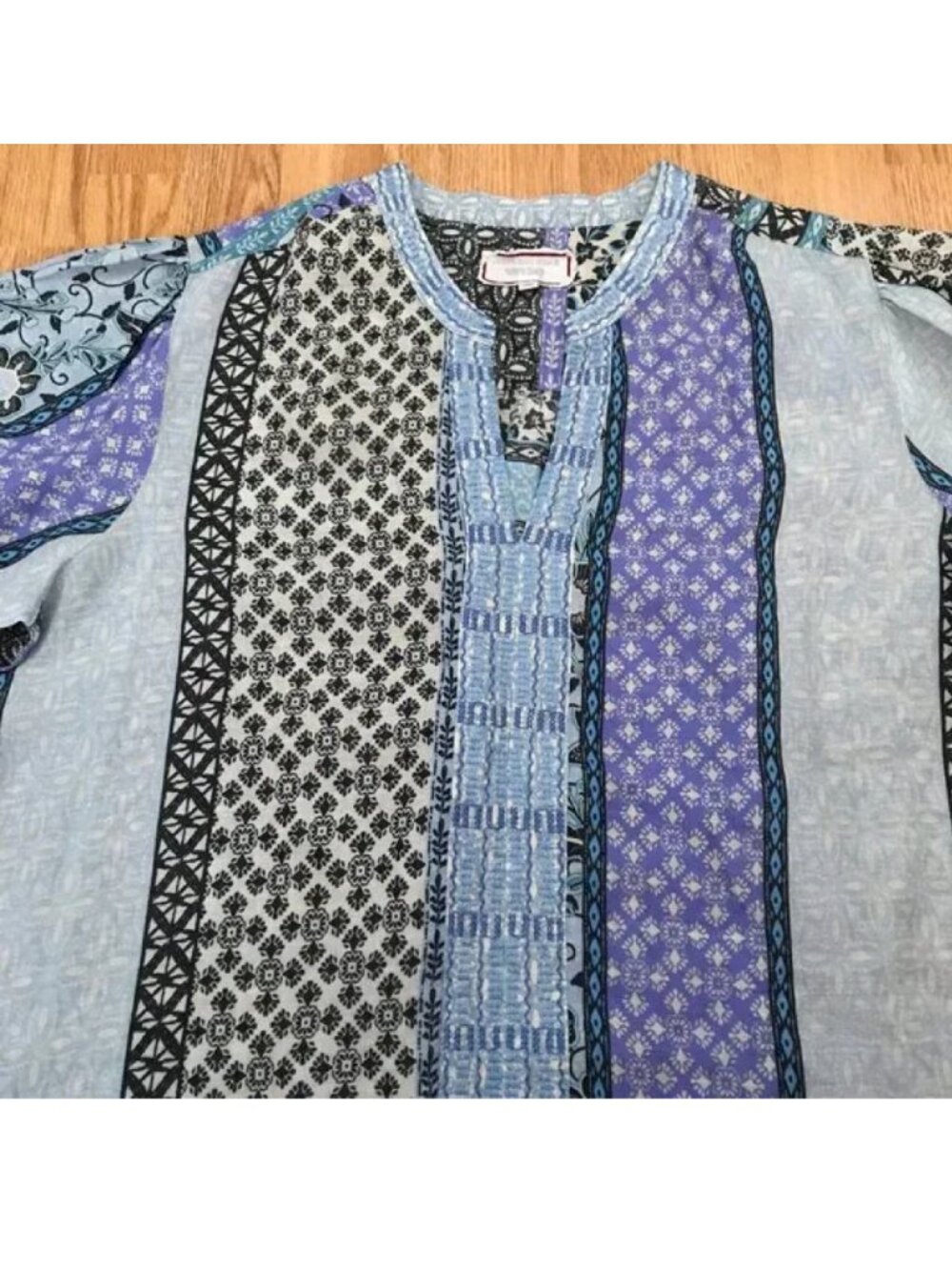 Johnny Was Workshop Embroidered Floral Blue Patchwork Blouse XL - Picture 3 of 10